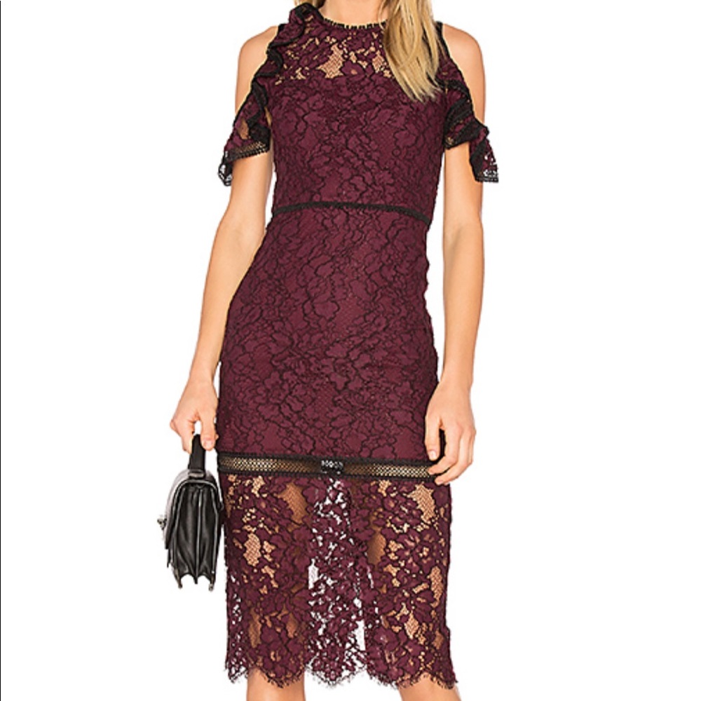 Maroon lace cold shoulder midi cocktail dress